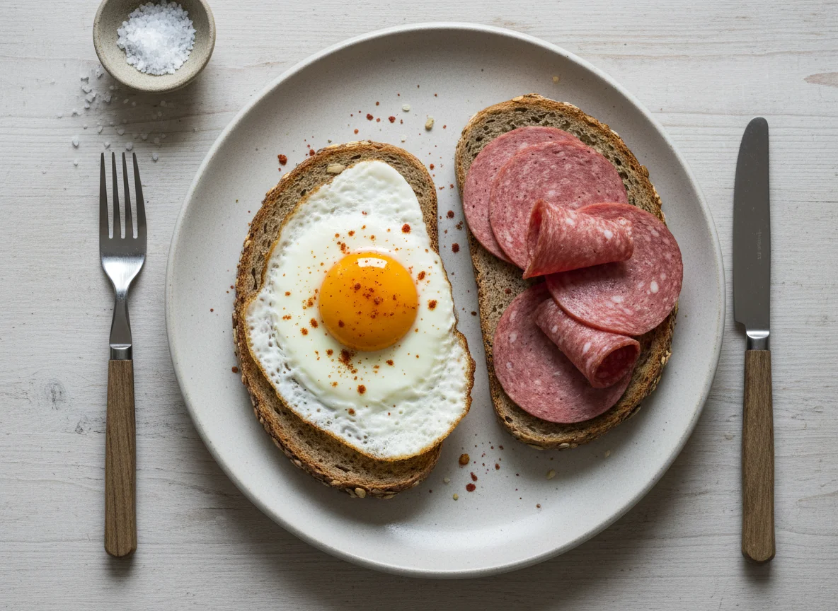Brot mit Spiegelei und Wurst photo