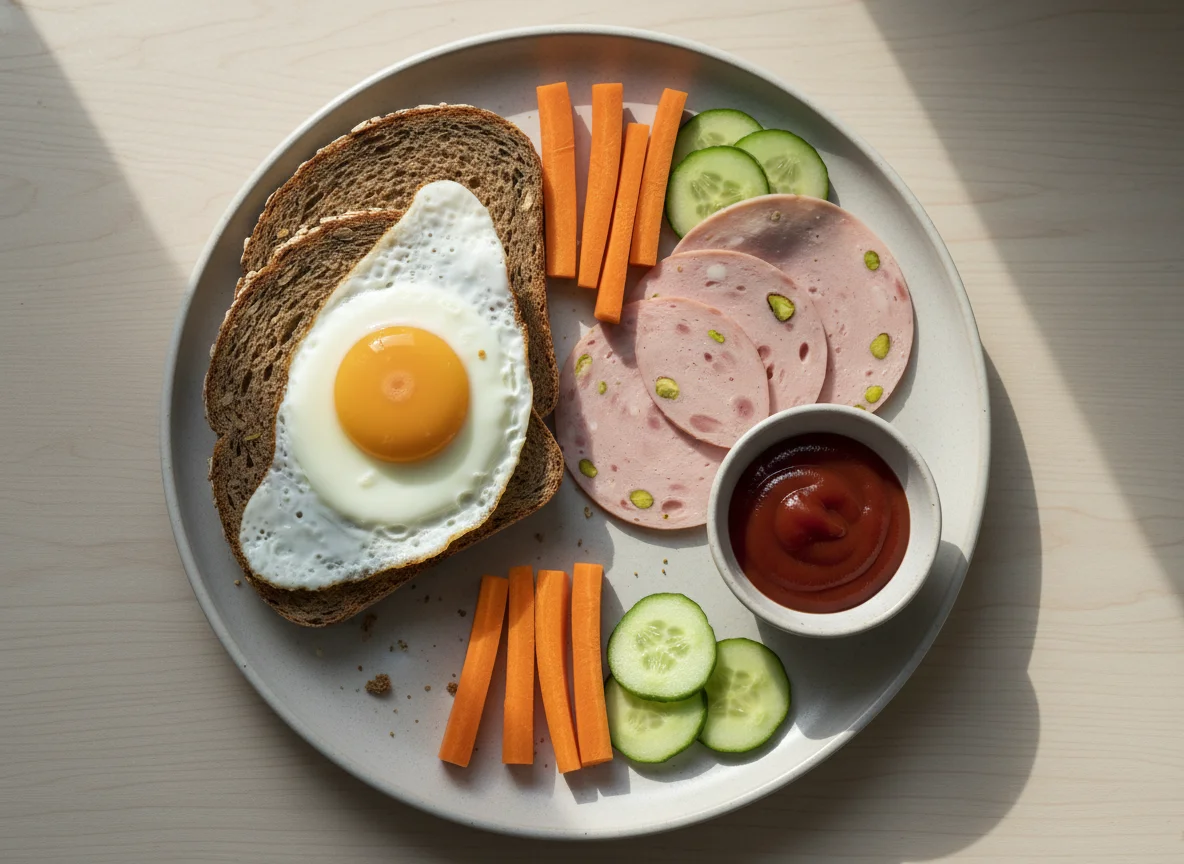 Brot mit Spiegelei und Wurstaufschnitt mit Gemüsesticks photo