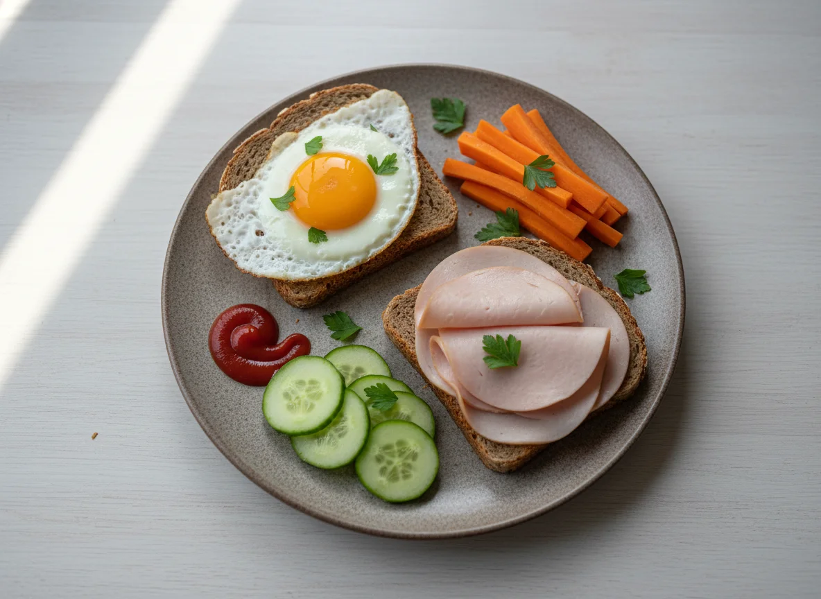 Brot mit Spiegelei, Wurst und Gemüse photo