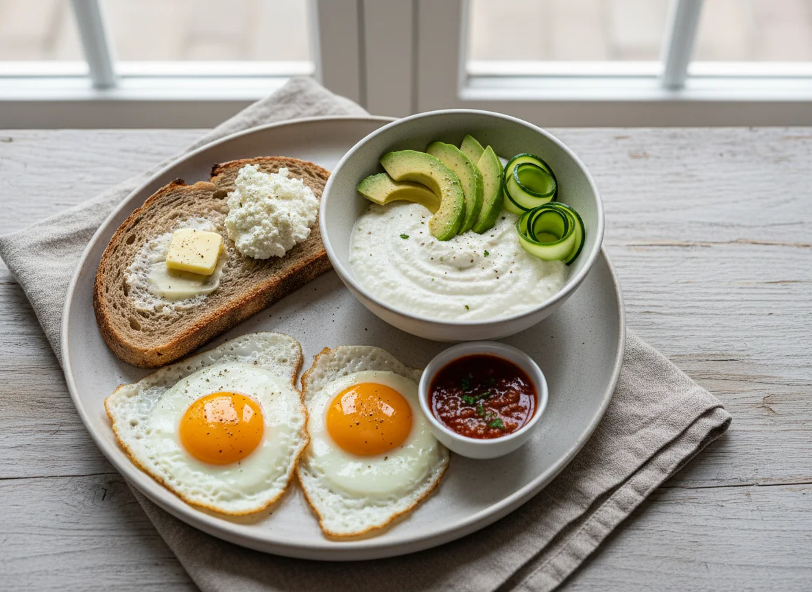 Brot mit Spiegeleiern, Frischkäse und Quark mit Avocado, Gurke, Zucchini photo