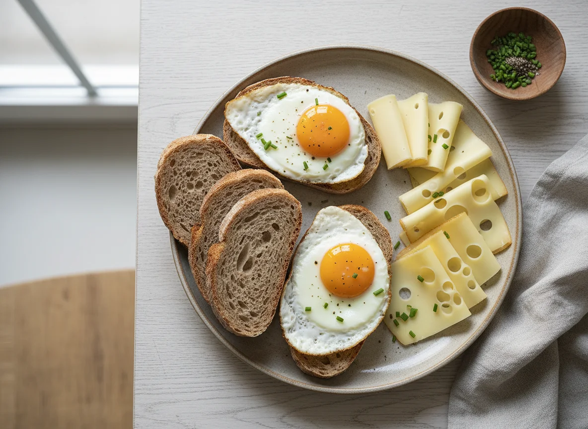 Brot mit Spiegeleiern und Käse photo