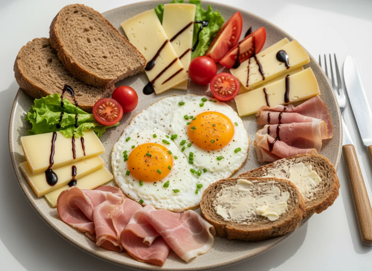 Brot mit Spiegeleiern und Schinken photo