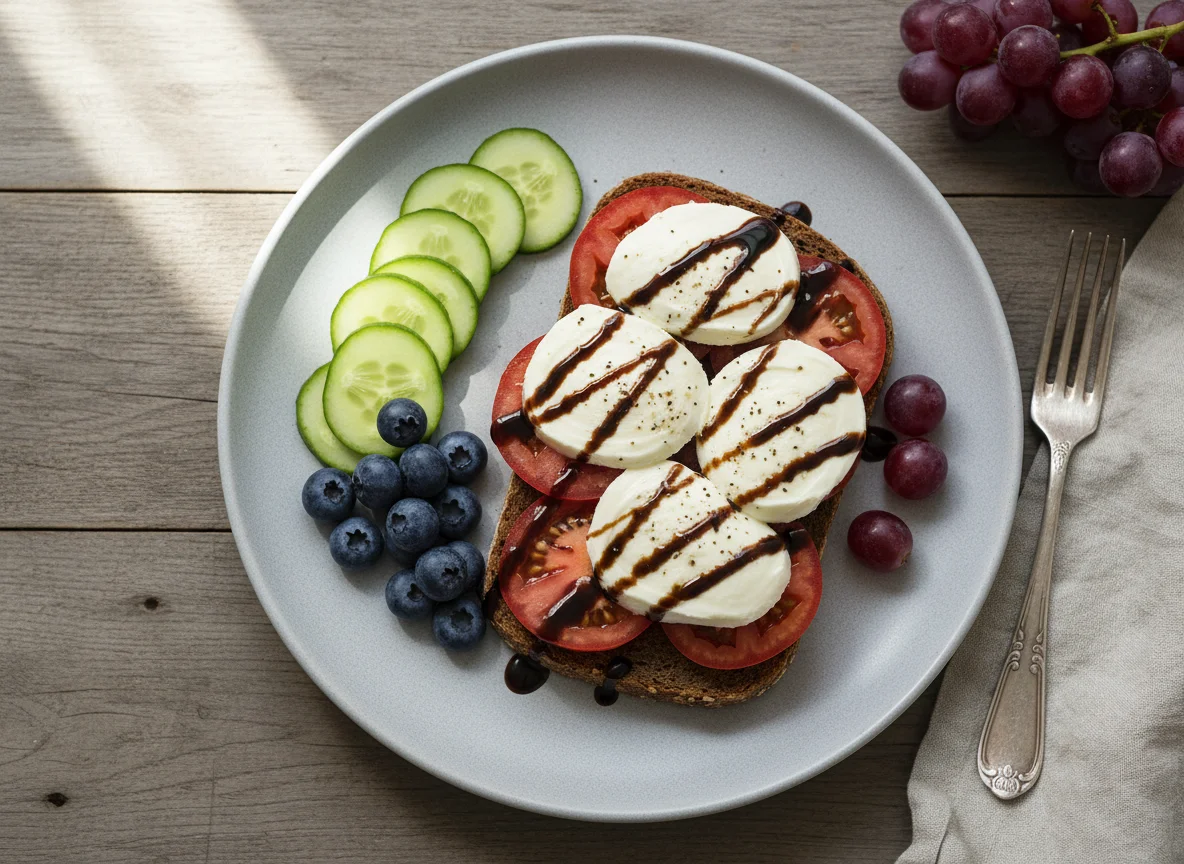 Brot mit Tomate und Mozzarella, dazu Gurken und Beeren photo