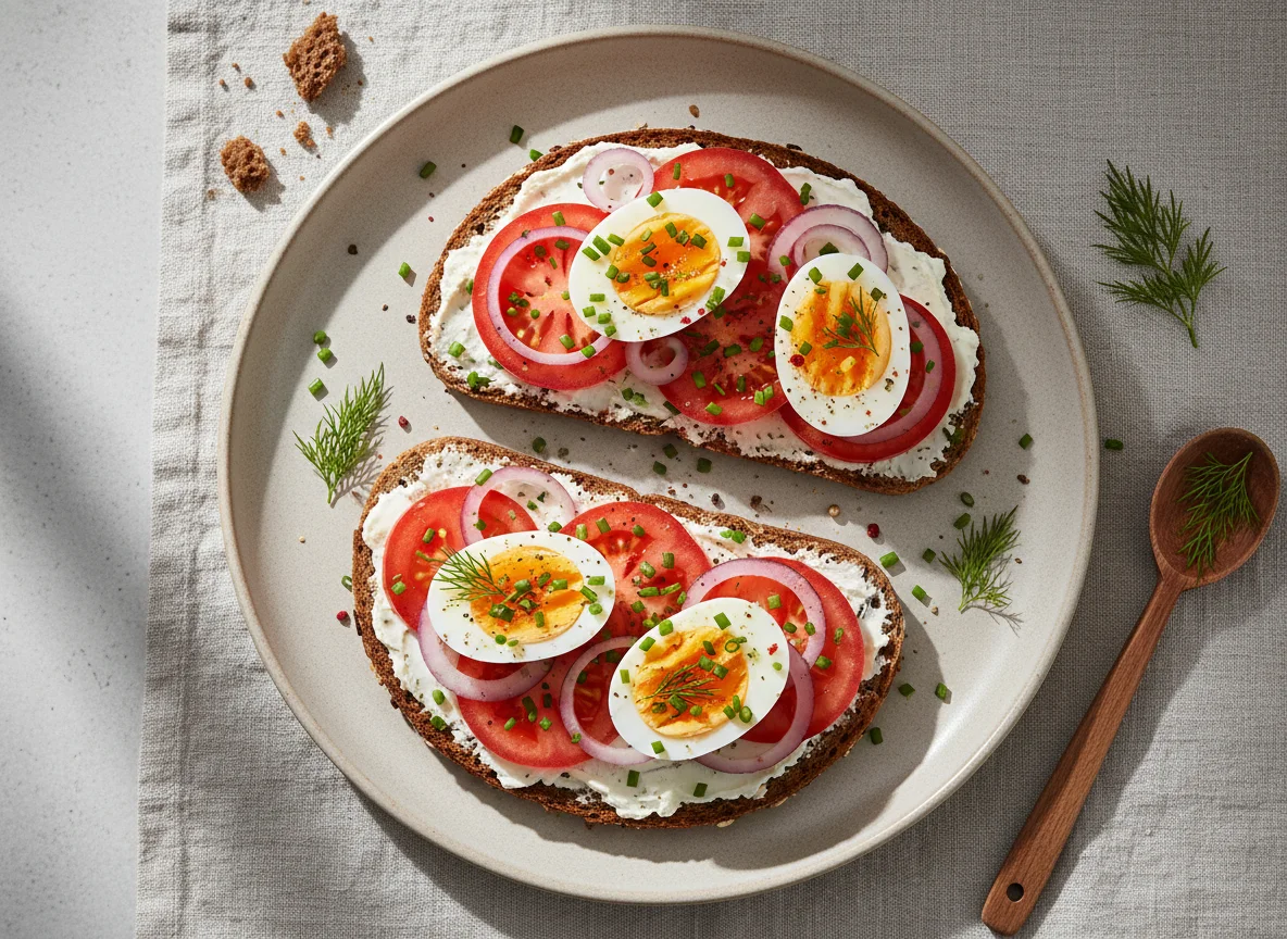 Brot mit Tomate, Zwiebeln und Eiern photo