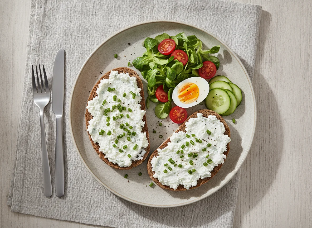 Brot mit Topfenaufstrich, Salat und Ei photo
