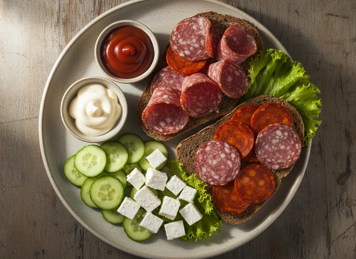 Brot mit Wurst und Beilagen photo