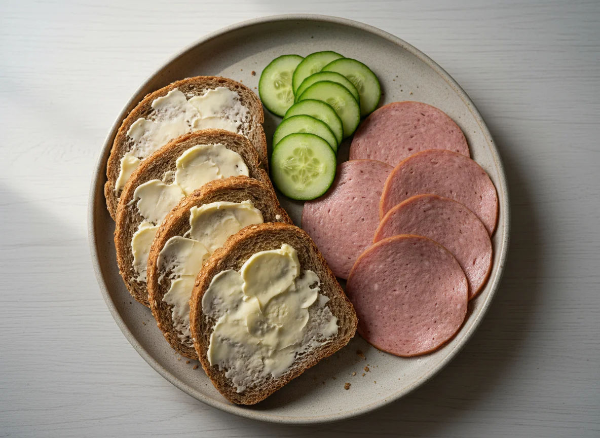 Brot mit Wurst und Gurke photo