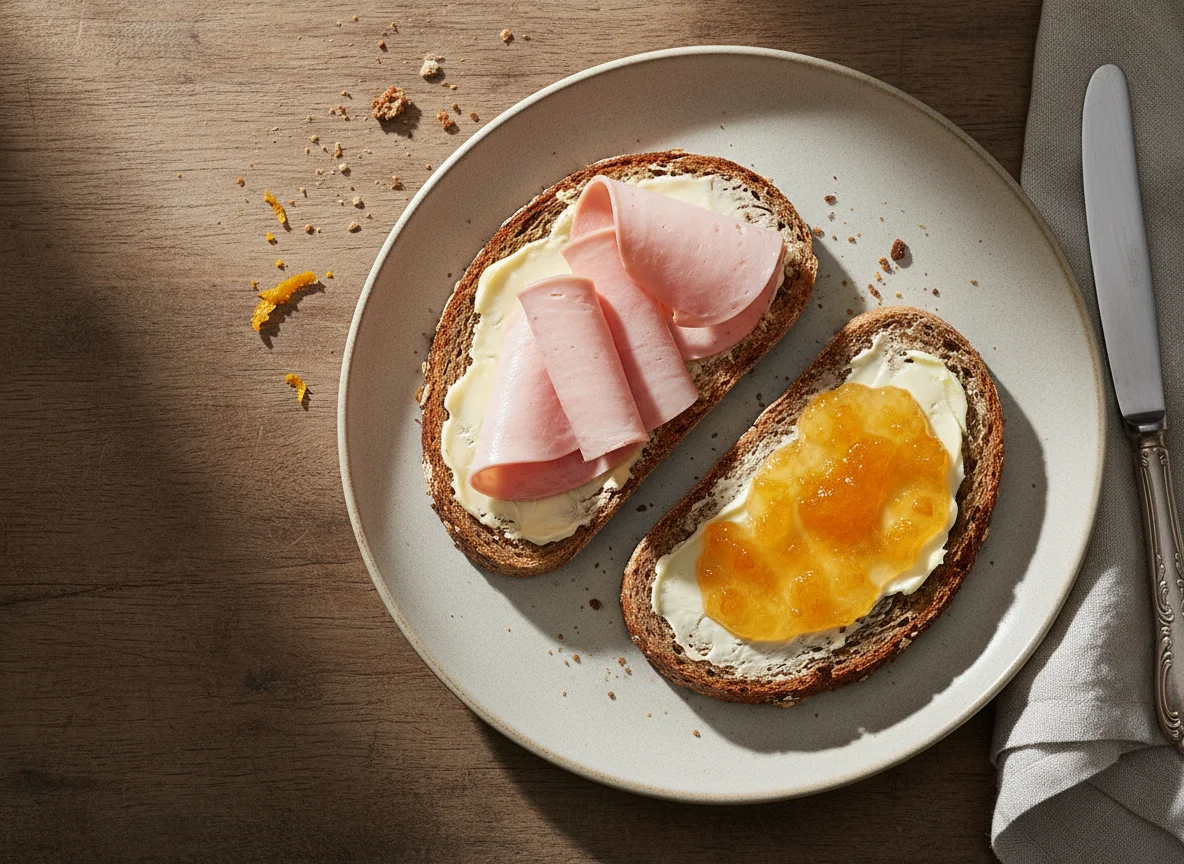 Brot mit Wurst und Marmelade photo