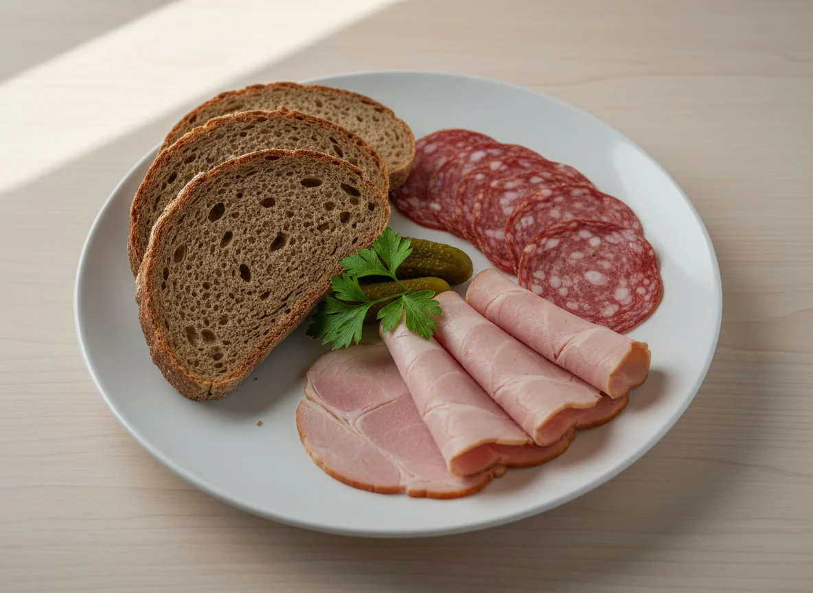 Brot mit Wurst und Schinken photo