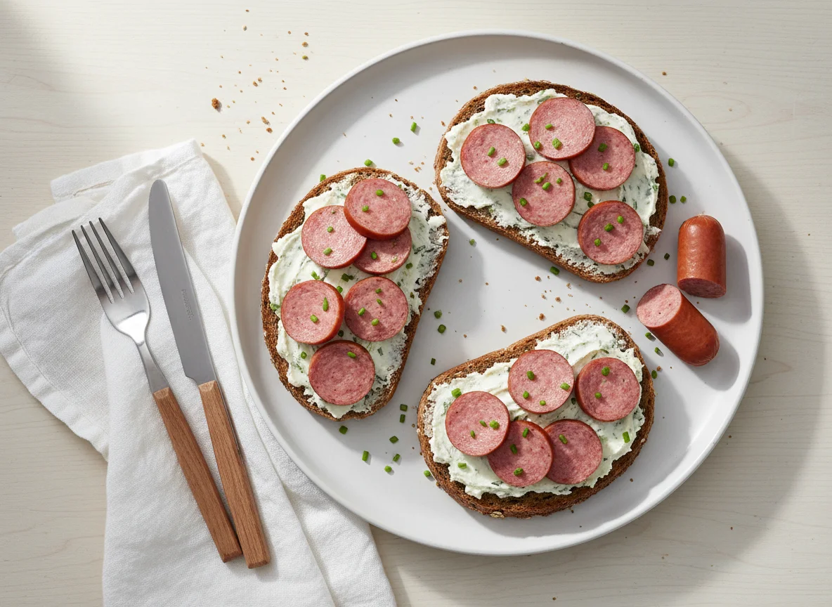 Brot mit Würstchen und Frischkäse photo