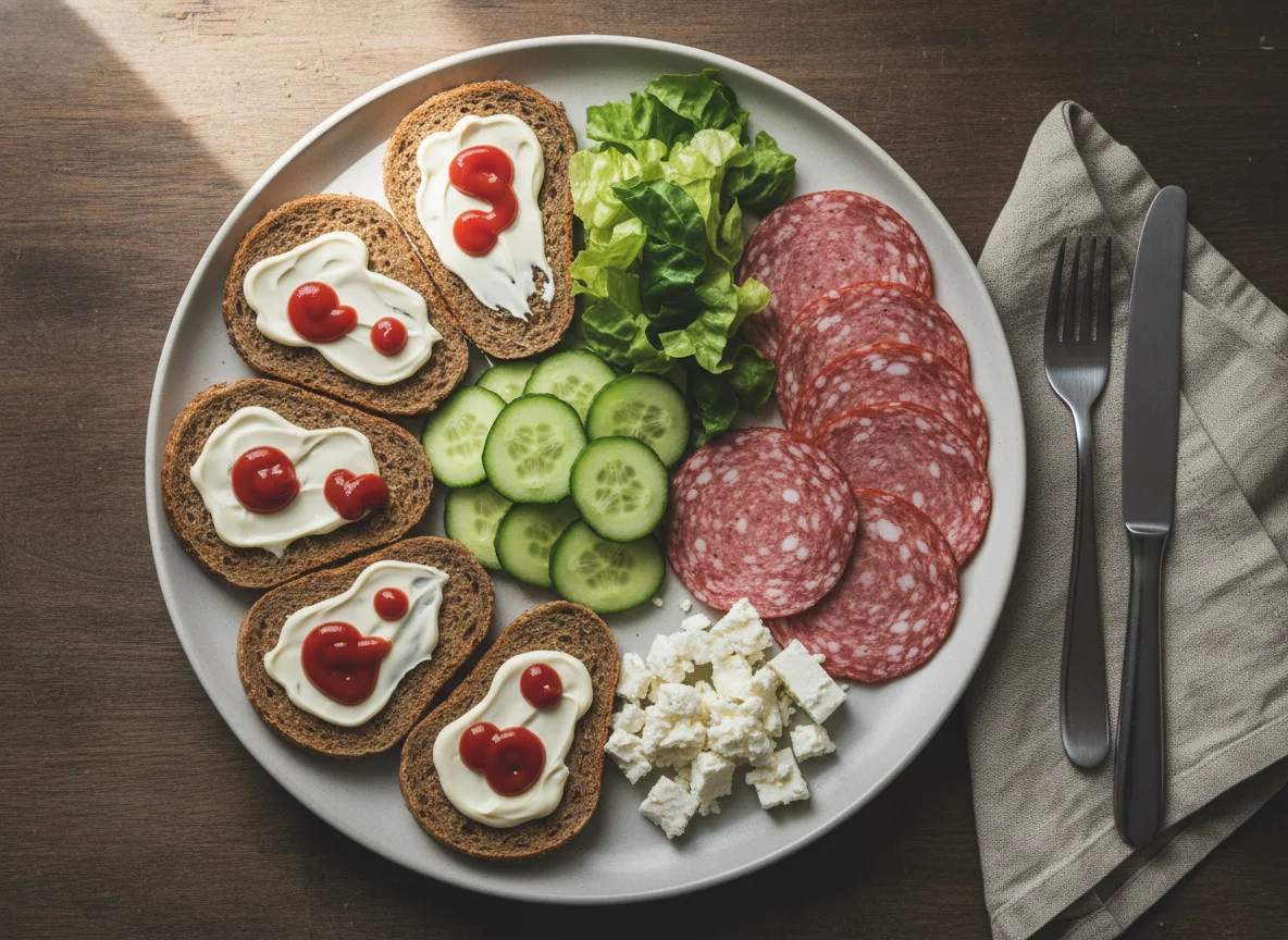 Brot mit Wurstscheiben und Beilagen photo