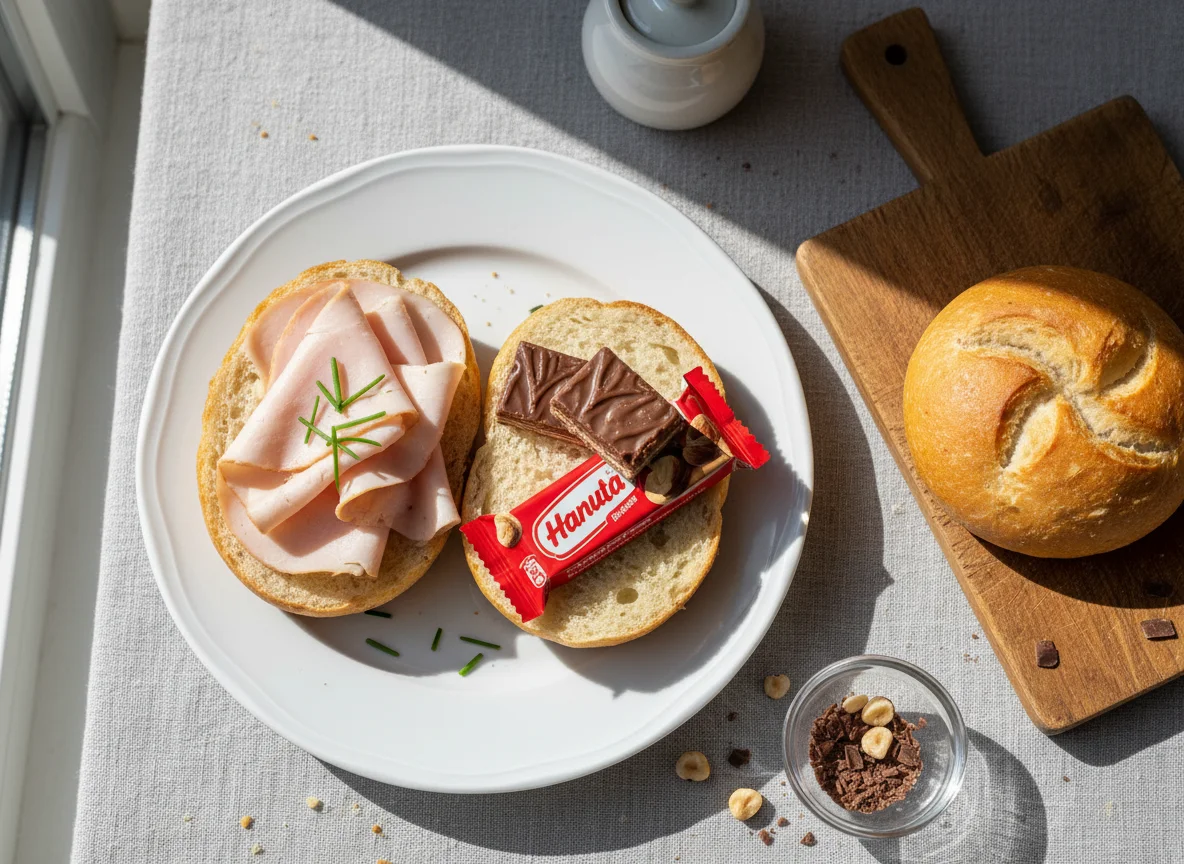 Brötchen mit Aufschnitt und Hanuta Riegel photo