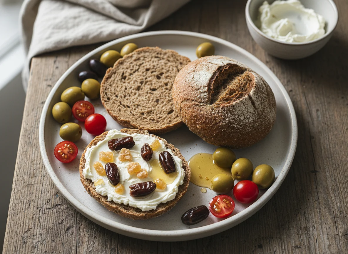 Brötchen mit Aufstrich, Dattel, Ingwer, Oliven und Tomaten photo