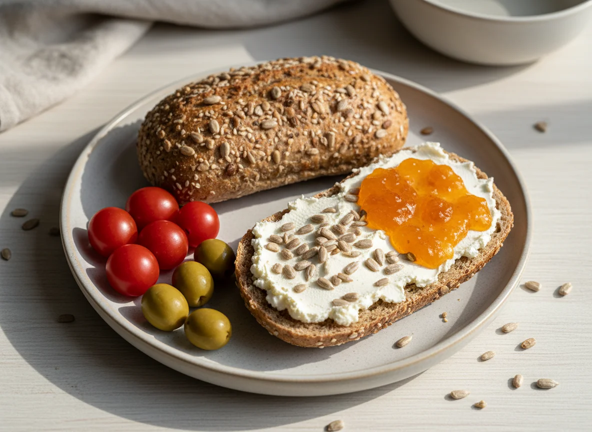 Brötchen mit Aufstrich und Beilagen photo