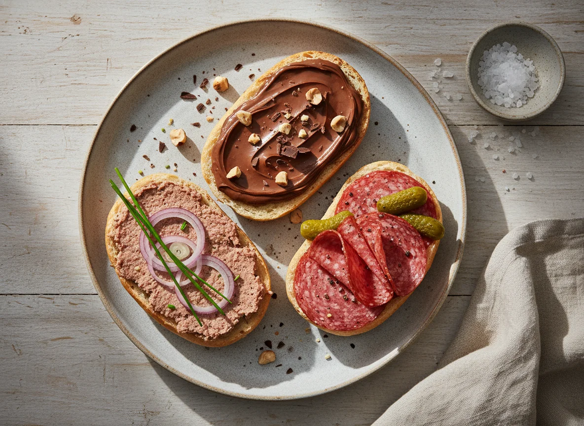 Brötchen mit Aufstrich und Salami photo