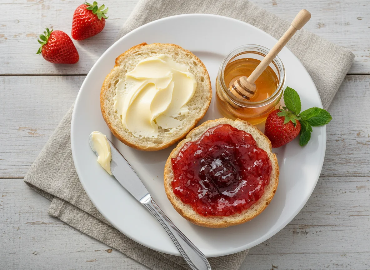 Brötchen mit Butter, Marmelade und Honig photo