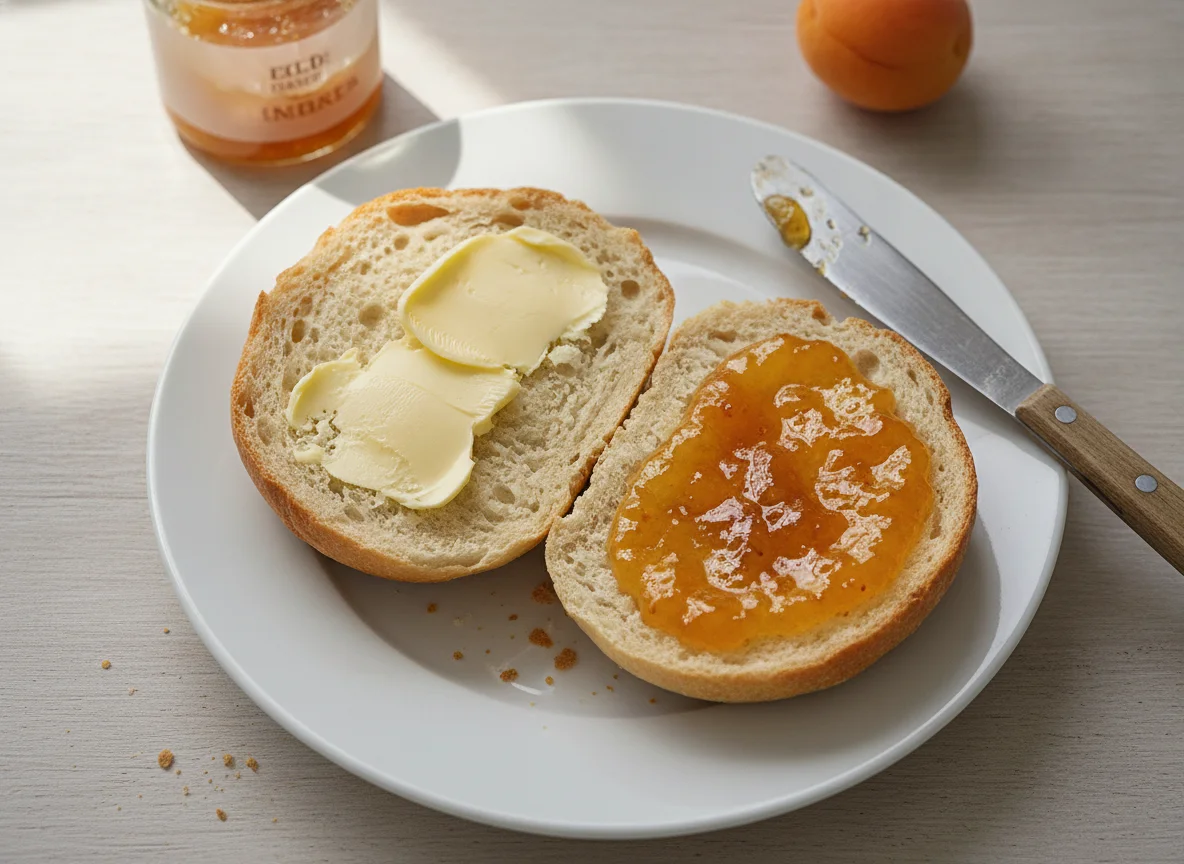 Brötchen mit Butter und Aprikosenmarmelade photo