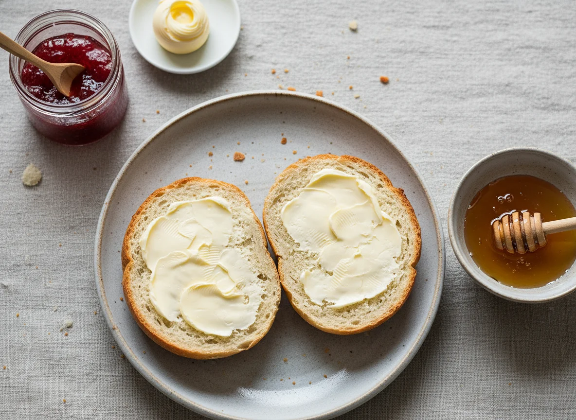 Brötchen mit Butter und Aufstrich photo