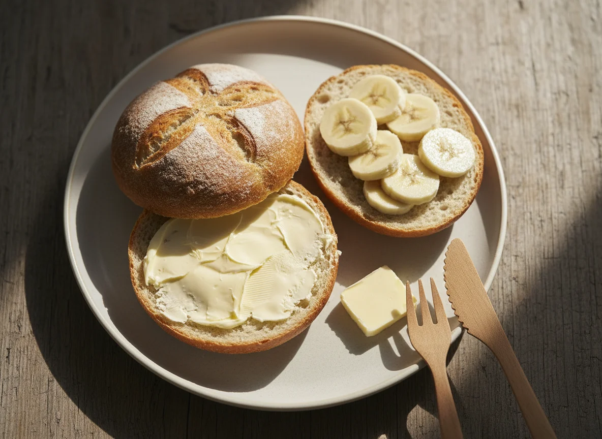 Brötchen mit Butter und Banane photo
