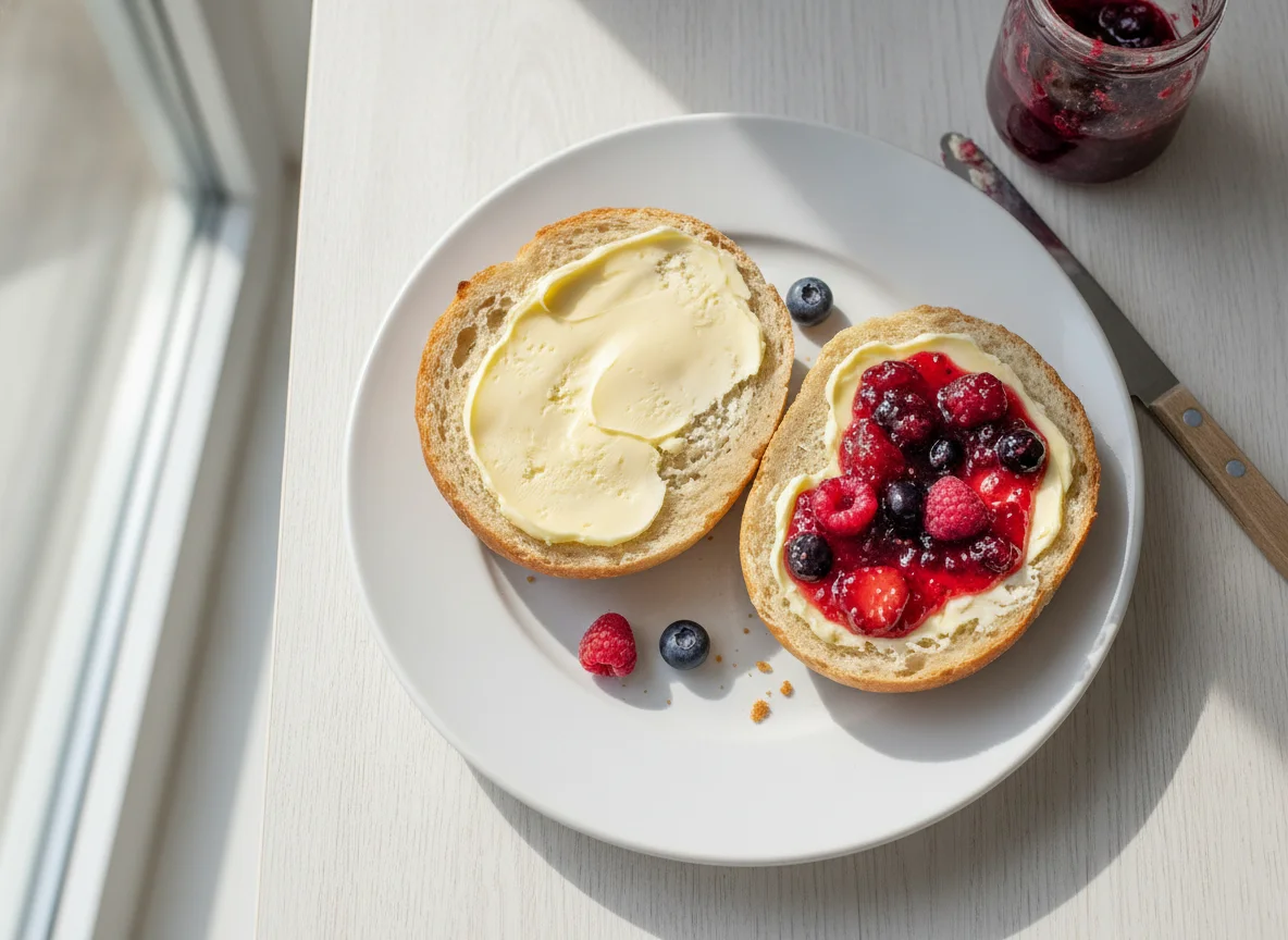 Brötchen mit Butter und Beerenmarmelade photo