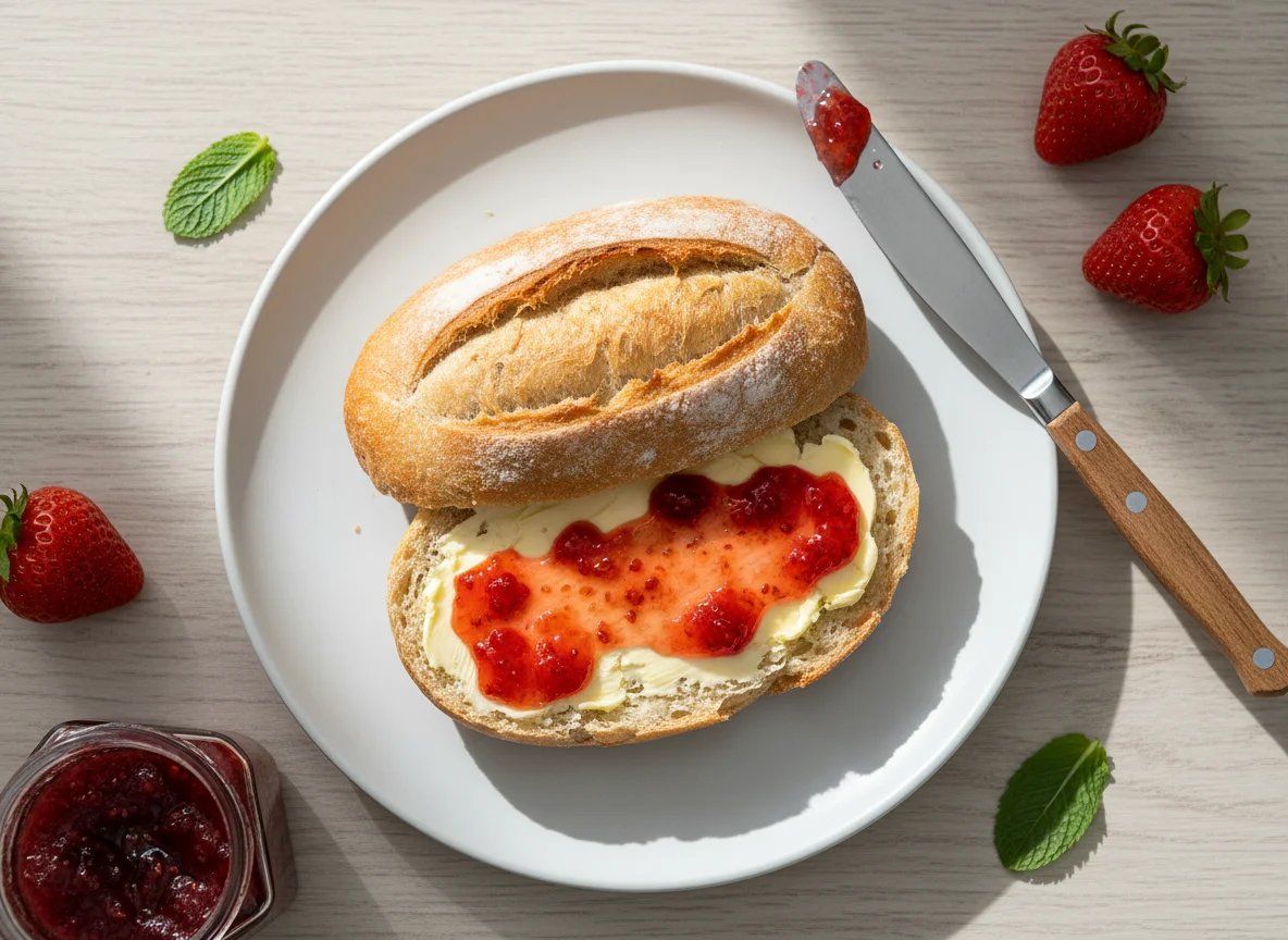 Brötchen mit Butter und Erdbeermarmelade photo