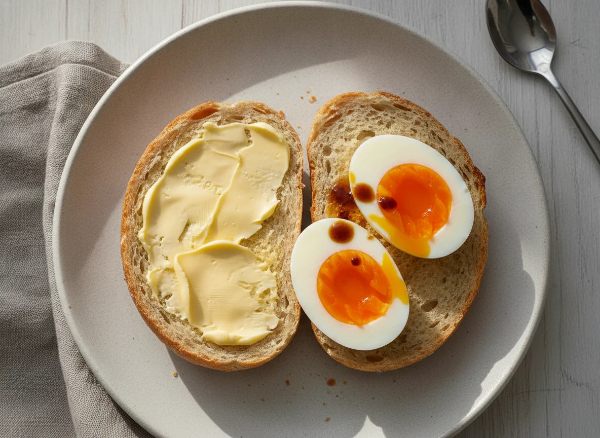 Brötchen mit Butter und gekochtem Ei photo