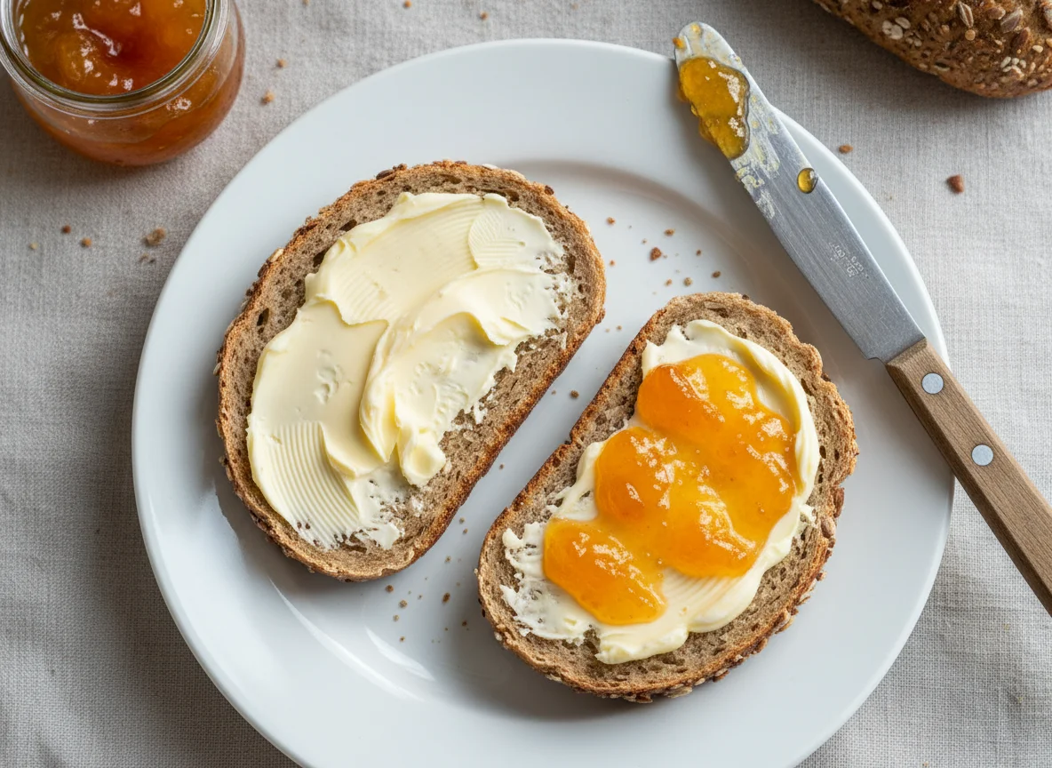 Brötchen mit Butter und Marmelade photo