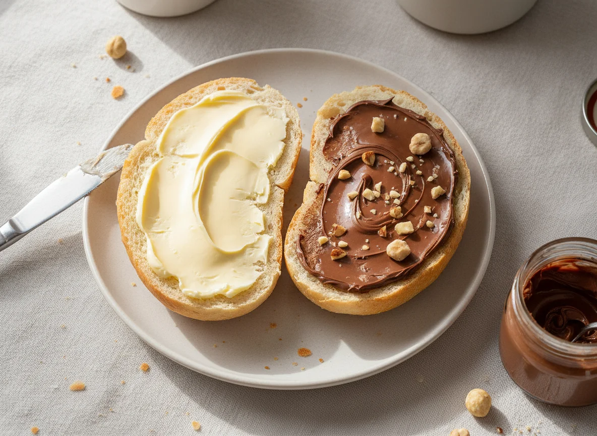Brötchen mit Butter und Nuss-Nougat-Creme photo