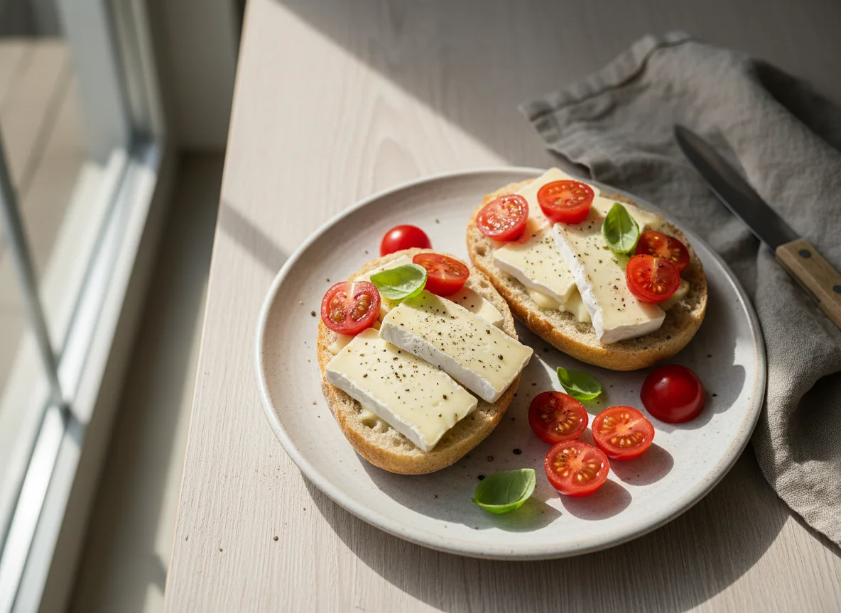 Brötchen mit Camembert und Kirschtomaten photo