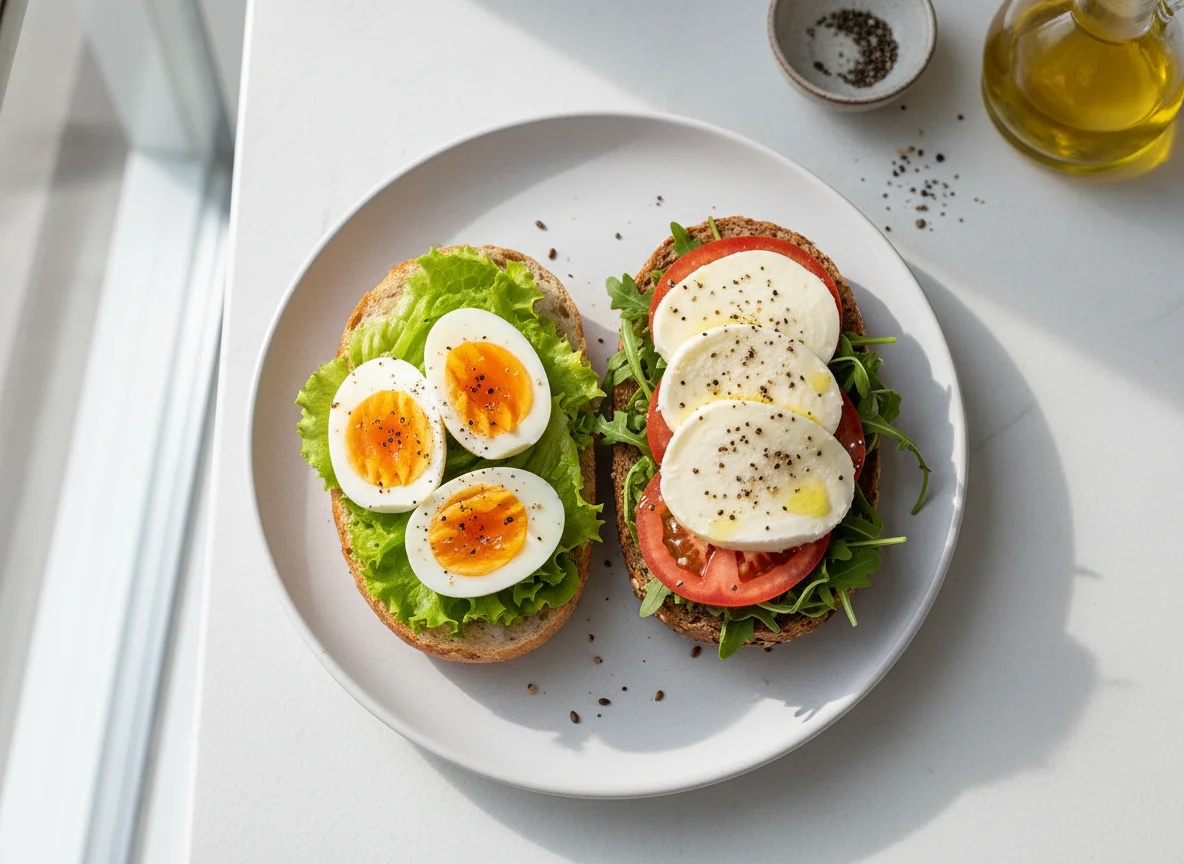 Brötchen mit Ei und Mozzarella-Tomate photo