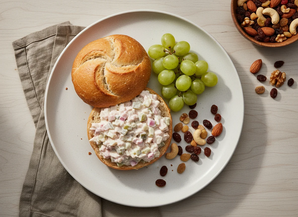 Brötchen mit Fleischsalat, Trauben und Studentenfutter photo