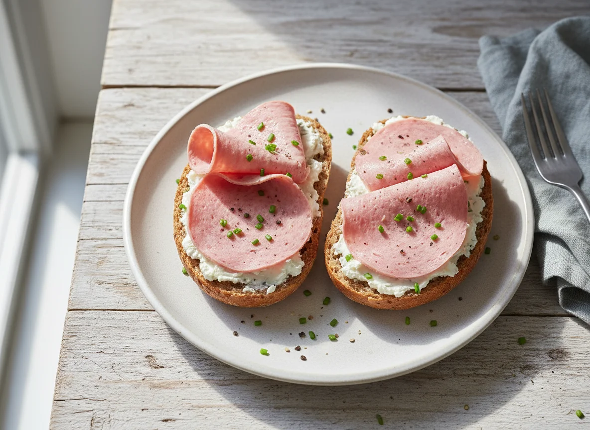 Brötchen mit Fleischwurst und Frischkäse photo