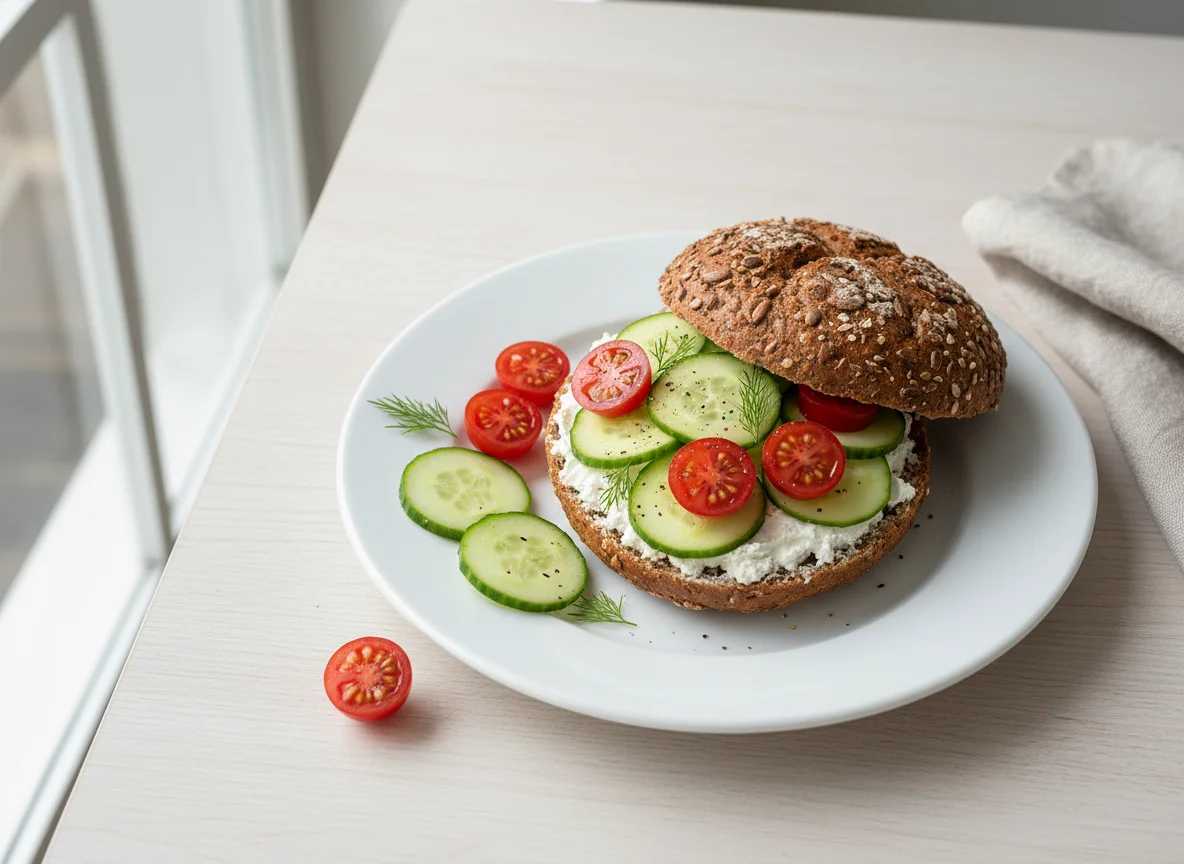 Brötchen mit Frischkäse, Gurke und Tomate photo