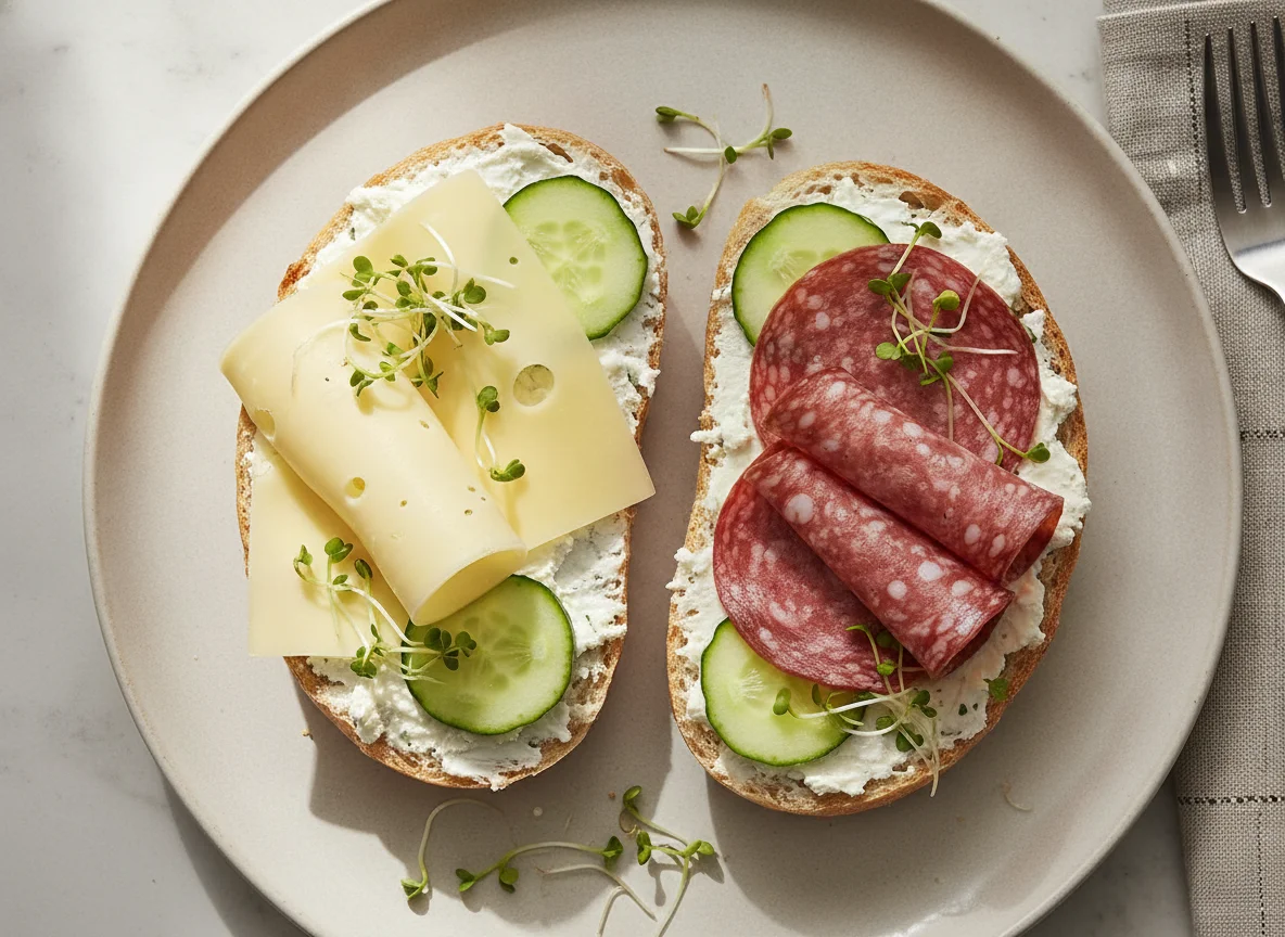 Brötchen mit Frischkäse, Käse, Wurst und Sprossen mit Gurkenscheiben photo