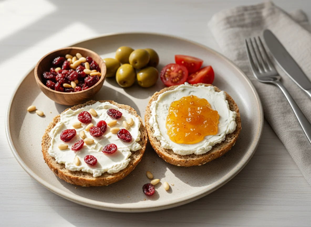 Brötchen mit Frischkäse, Trockenfrüchten und Beilagen photo