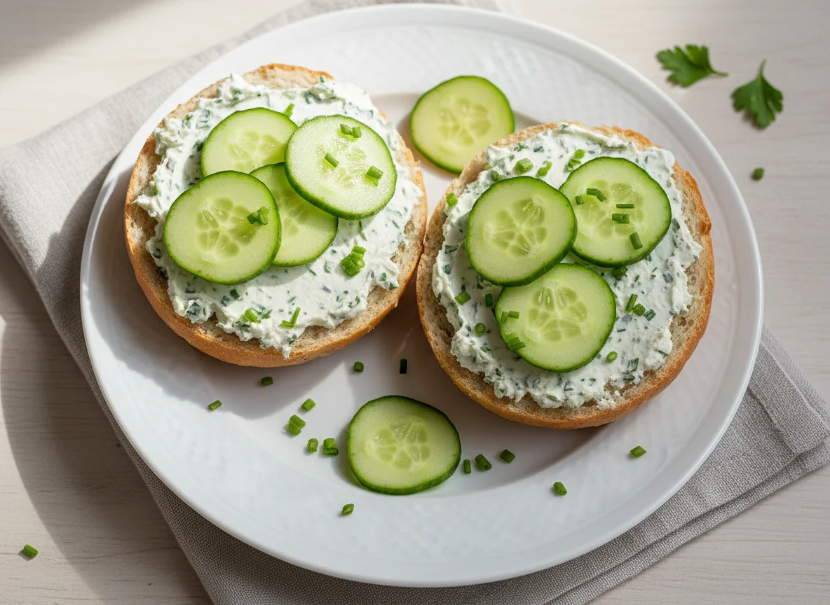 Brötchen mit Frischkäse und Gurke photo