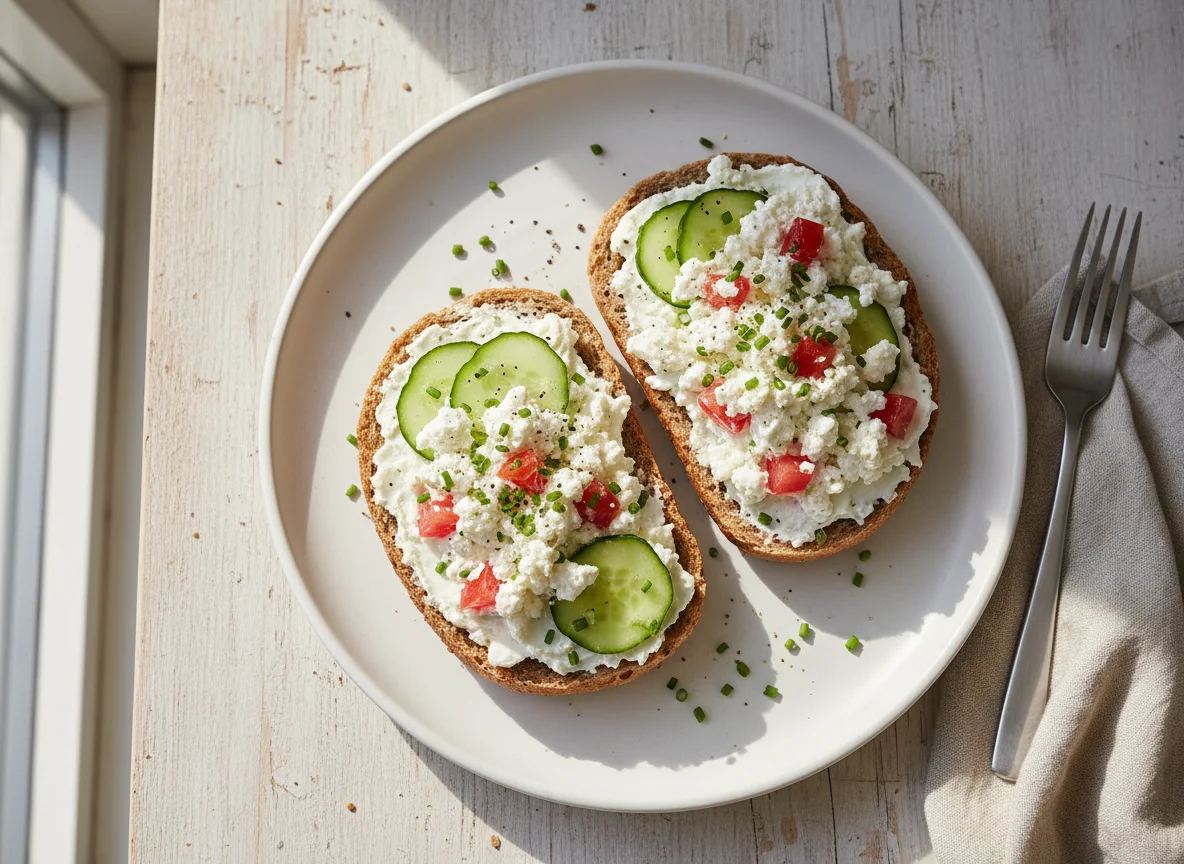 Brötchen mit Frischkäse und Hüttenkäse-Salat photo