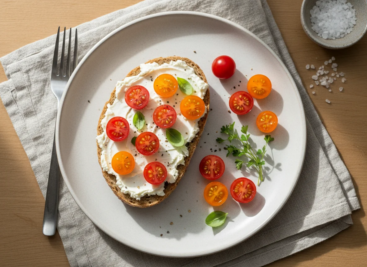 Brötchen mit Frischkäse und Kirschtomaten photo