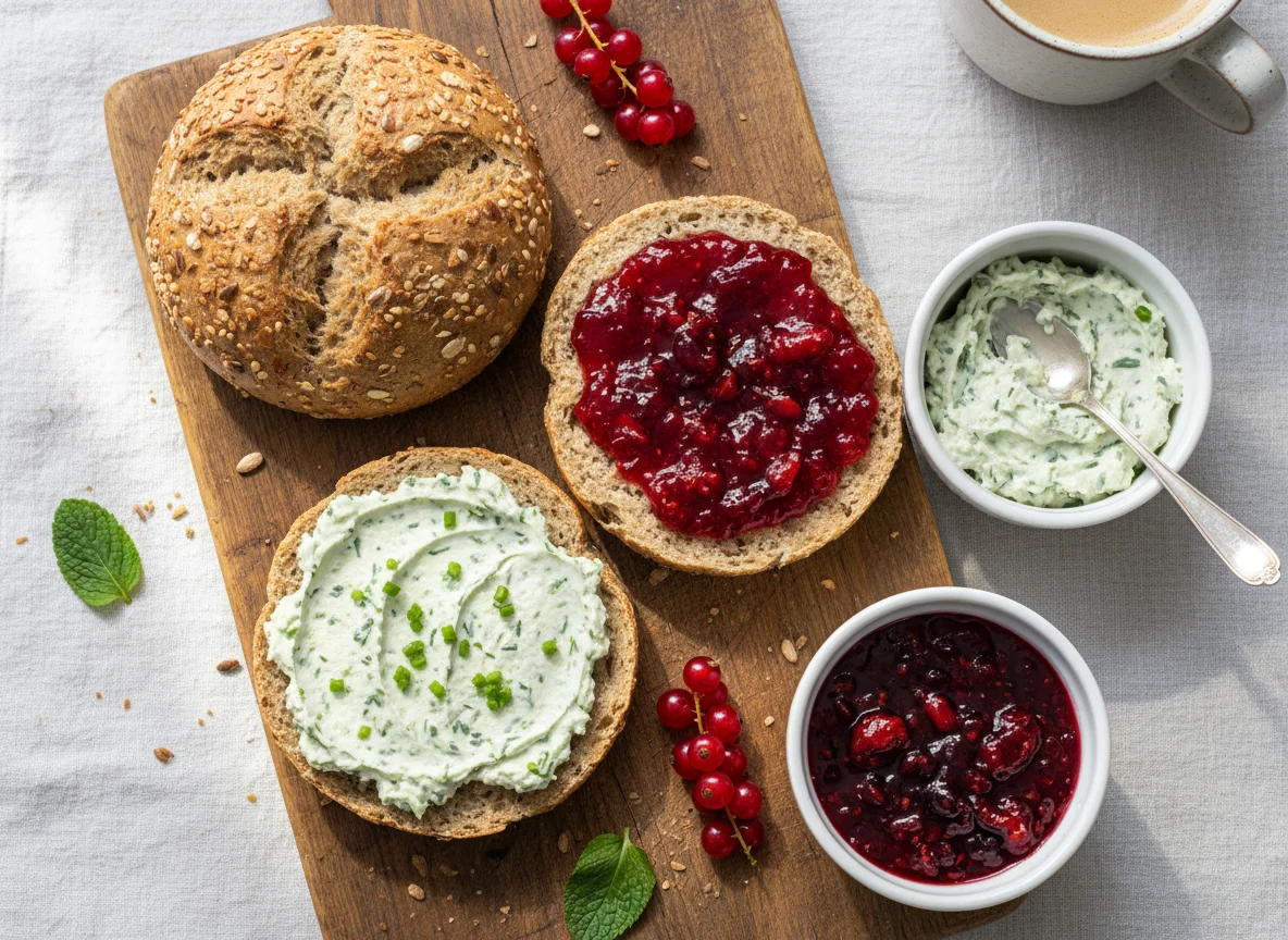 Brötchen mit Frischkäse und Marmelade photo