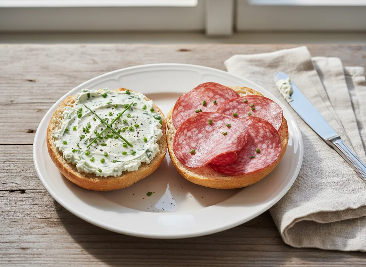 Brötchen mit Frischkäse und Salami photo