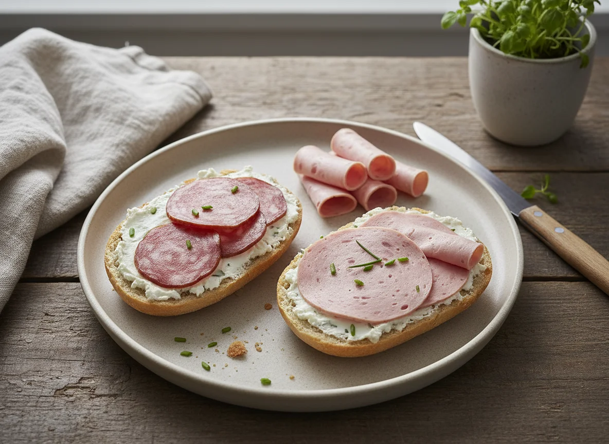 Brötchen mit Frischkäse und Wurst photo