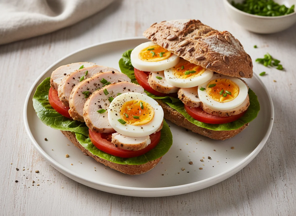 Brötchen mit Hähnchenbrust, Ei und Tomate photo