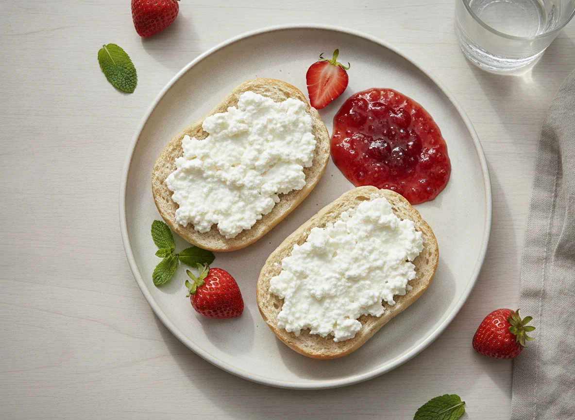 Brötchen mit Hüttenkäse und Marmelade photo