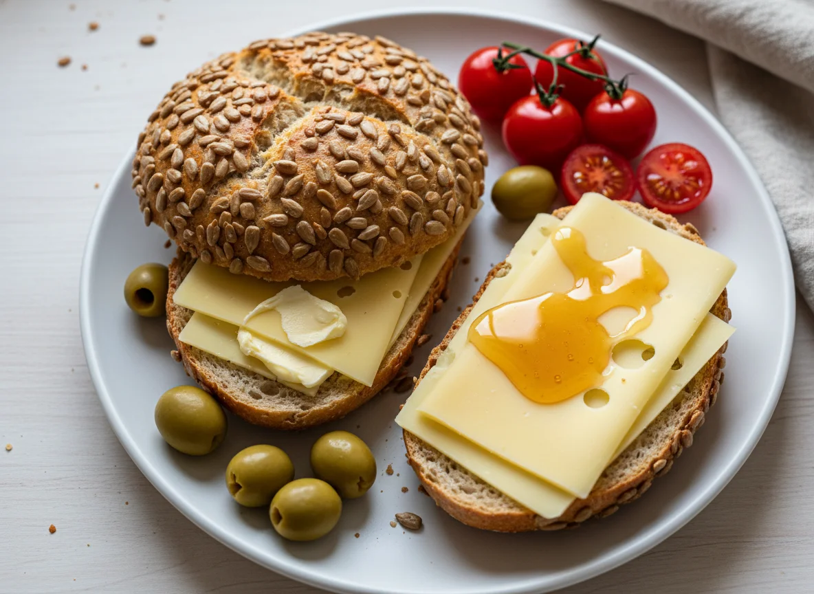 Brötchen mit Käse, Honig, Oliven und Tomaten photo