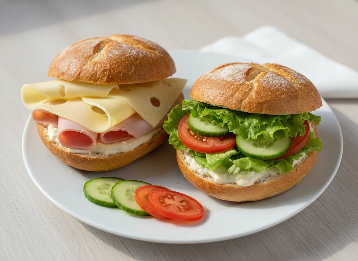Brötchen mit Käse, Schinken und Gemüse photo
