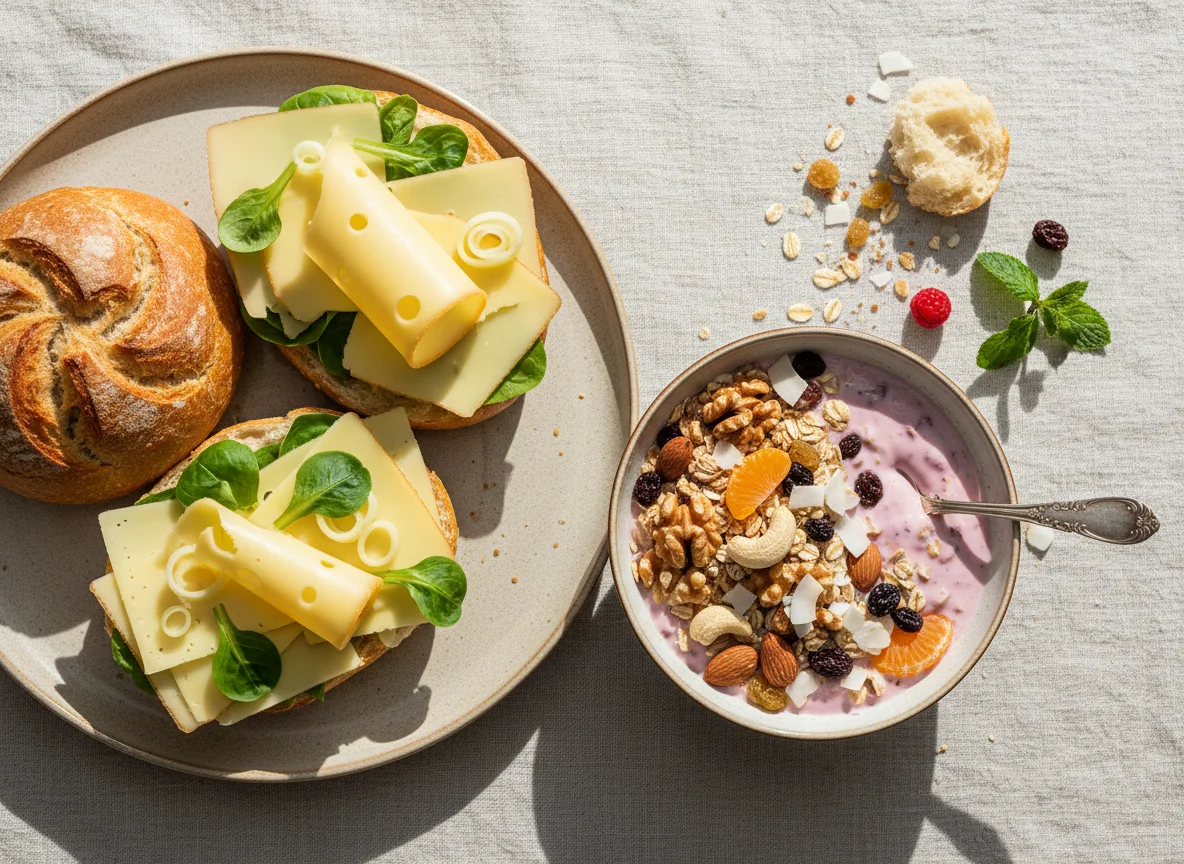 Brötchen mit Käse und Joghurt-Müsli-Schale photo