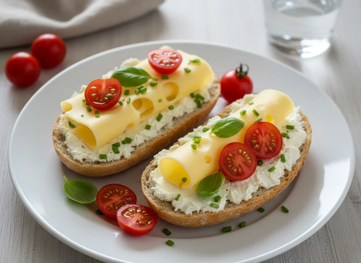 Brötchen mit Käse und Kirschtomaten photo