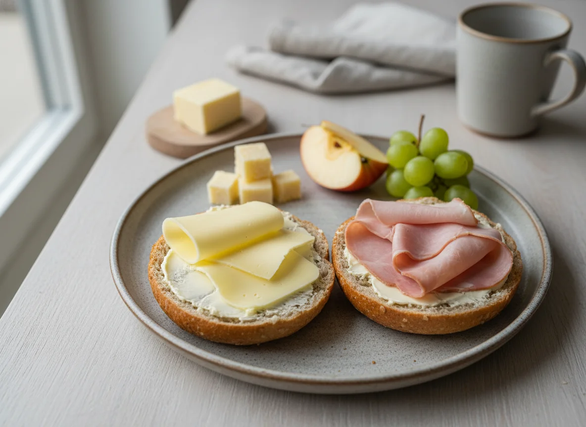 Brötchen mit Käse und Schinken mit Beilagen photo