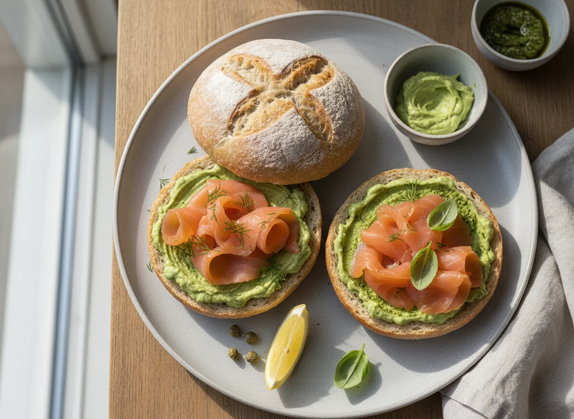 Brötchen mit Lachs und Aufstrich photo