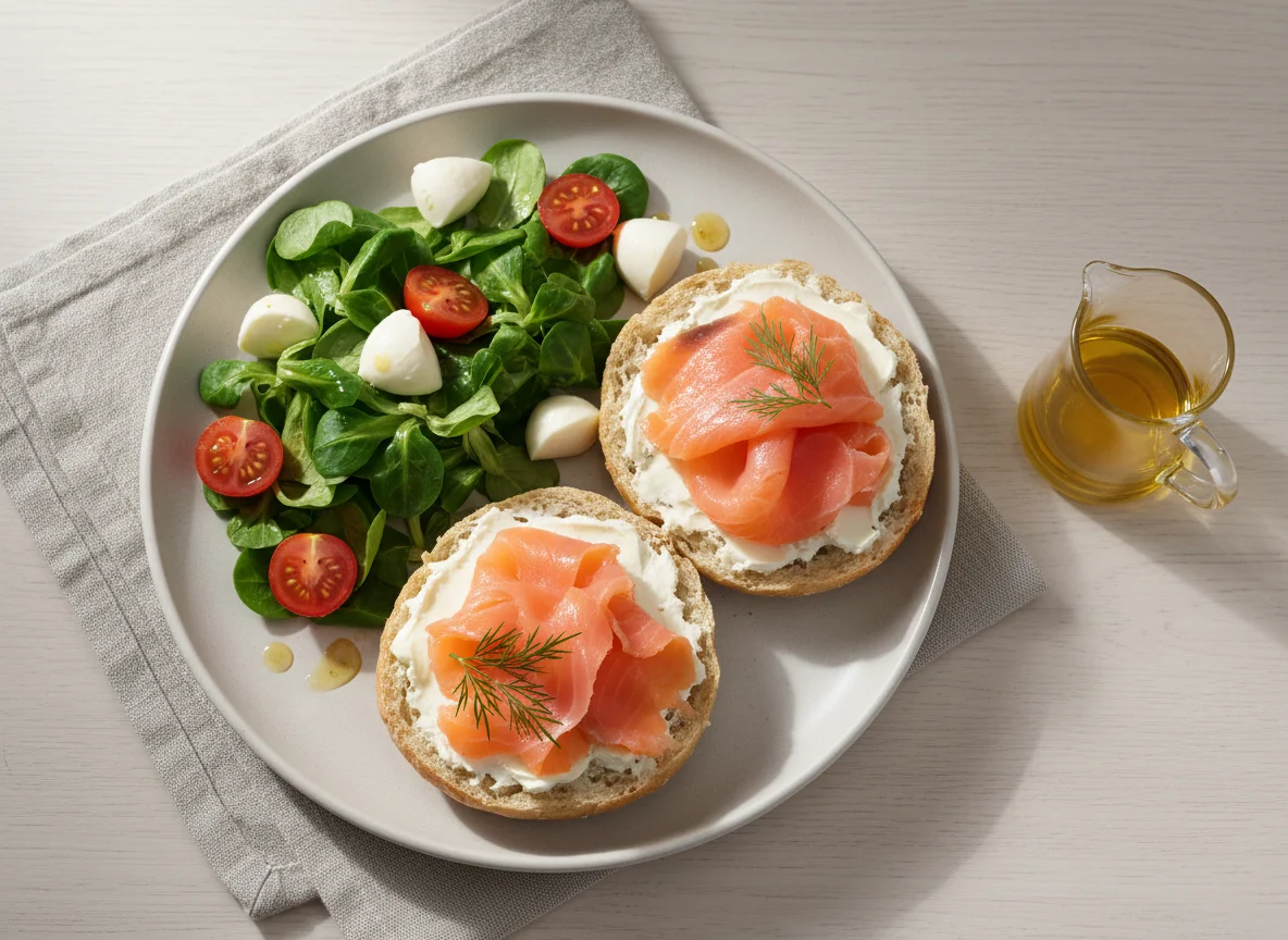 Brötchen mit Lachs und Butter, dazu Feldsalat mit Tomaten und Mozzarella photo
